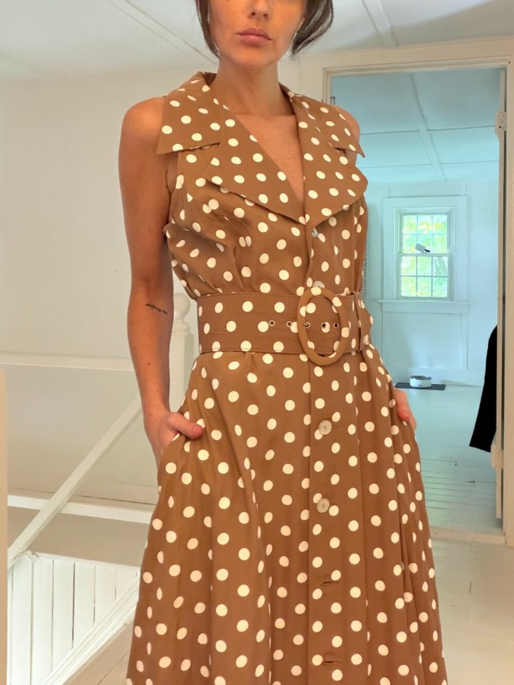 All That Jazz Vintage 90s Polka Dot Belted Buttoned Midi Dress Size 9/10 Brown - Picture 4 of 9